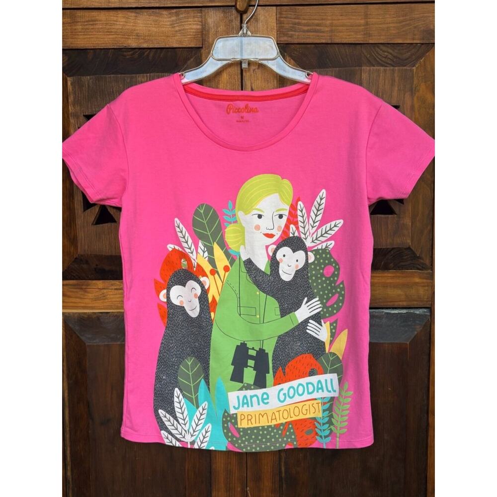 PICCOLINA Jane Goodall Trailblazer Tee Pink Chimp Graphic Shirt Kids M 10/12 - Picture 2 of 7